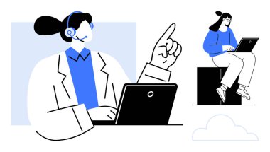 Kulaklık takmış bir kadın dizüstü bilgisayarda çalışırken, başka bir kadın taşınabilir bir cihaza yazarken kendine güvenerek yukarı bakıyor. Teknoloji, eğitim, takım çalışması, uzaktan çalışma, danışmanlık ve müşteri için ideal