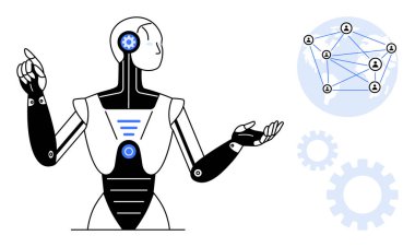 İnsansı robot bir dünya haritası ağına, dişlilere ve birbirine bağlı veri noktalarına doğru hareket eder. Yapay zeka, teknoloji, yenilik, küresel iletişim, robotik, otomasyon fütüristik vizyonu için idealdir.