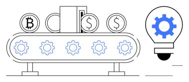 Bitcoin ve dolar sikkeleri taşıyan taşıma bandı otomasyonu, fintech 'i, parasal teknolojiyi ve fikir üretimini sembolize ediyor. Kripto para birimi, fintech, yenilik, süreç optimizasyonu için ideal