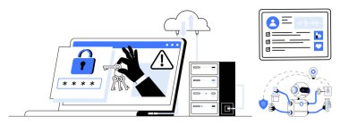 Asma kilit ekranlı dizüstü bilgisayar, el ele tutuşmalar, uyarı simgeleri, bulut, sunucular, kalkanlı robot ve kişisel hesap kartı. Siber güvenlik ve veri koruması için ideal dijital güvenlik güvenli