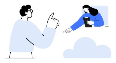 Fikirleri tartışan iki kişinin profesyonel etkileşimi. Biri işaret ediyor, diğeri de elinde bir pano tutuyor. İşbirliği, işyeri, takım çalışması, iletişim, uzak çalışma, modern iş için ideal