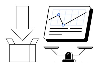Grafik ekran, tartı ölçeği, oklu kutuyu aç veri çıkarma öneriyor. Analiz, karar verme, denge, değerlendirme, lojistik veri stratejisi araştırması için ideal. Basit düz metafor
