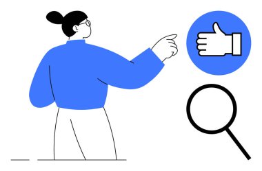 Büyüteçin yanında bir işaret simgesine doğru hareket eden kişi keşif, tanıma ve anlaşma öneriyor. Geri bildirim, onay, değerlendirme, başarı, anlaşma, araştırma için ideal