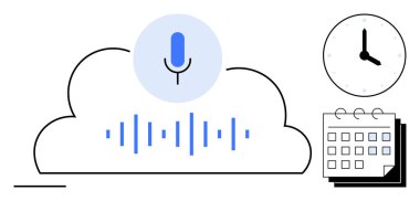 Bulutun içindeki mikrofon, ses dalgası, takvim ve saat kusursuz ses kaydını, programlamayı ve görev yönetimini vurguluyor. Üretkenlik, planlama, teknoloji organizasyonu zamanı için ideal