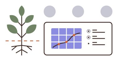 İşlem çizelgesinin yanında görünür kökleri olan, veri noktaları ve anahtar ölçümleri takip eden bir bitki. Tarım, sürdürülebilirlik, araştırma, çevre, ekoloji, büyüme takibi, teknoloji entegrasyonu için idealdir. Basit.