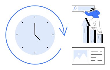 Hareketi gösteren oklu saat, insan çubuk grafiklerine tırmanıyor ve aramaya başlıyor. Üretkenlik, zaman yönetimi, büyüme, ilerleme, gelişme, gelecek planlaması için ideal, basit düz metafor
