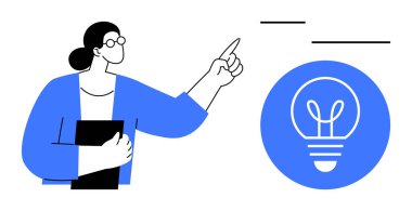 Elinde pano olan kişi, yenilikçi fikirleri sembolize eden parlayan ampulü işaret ediyor. Eğitim, beyin fırtınası, yaratıcılık, planlama, iş çözümleri, takım işbirliği, basit iniş