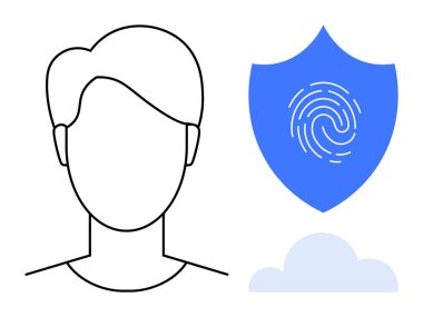 Kimlik güvenliğini, veri gizliliğini ve bulut temelli erişimi sembolize eden parmak izi ve bulut içeren bir kalkanın yanındaki bir kişinin kafasının taslağı. Dijital güvenlik, biyometrik ve bulut hesaplama için ideal