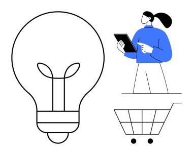 Alışveriş arabasının yanında tableti olan bir kadın ve ampul. İlham verici. E-ticaret, yenilik, teknoloji, online alışveriş, yaratıcı düşünce, modern iş, basit iniş sayfası için ideal