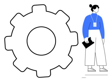 Büyük boy dişli çarkının yanında panosu olan iş kadını. Stratejiyi, takım çalışmasını ve optimizasyonu simgeliyor. İş yönetimi, mühendislik, yenilik, üretkenlik, planlama, kariyer için ideal