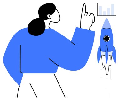 İş kadını mavi roketli bir haritayı işaret ediyor. Başlangıç için ideal, yenilik, planlama, büyüme, iş stratejisi, liderlik, vizyon. Basit düz metafor