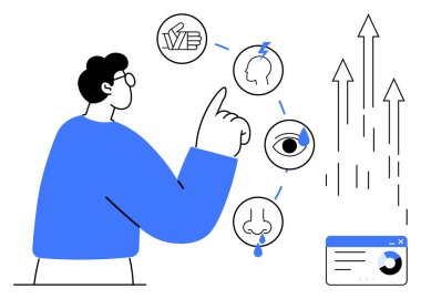 Duyusal öğeleri, büyüyen okları ve ekrandaki verileri gösteren adam. Analitik, büyüme, duyusal algı, strateji, karar verme eğitimi için ideal. Basit düz metafor