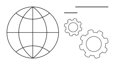 Ana şebeke küresi, iki vites biçimi ve yatay çizgiler küresel bağlantıları, teknolojiyi ve mühendisliği sembolize ediyor. Sanayi, yenilik, ağ oluşturma, dijital strateji web geliştirme için ideal