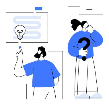 Başka biri soru işareti düşünürken parlayan bir ampulü işaret eden bir adam. Yenilik, yaratıcılık, takım çalışması, strateji, sorun çözme, karar verme, basit iniş sayfası için ideal