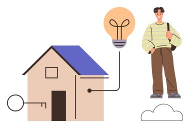 Anahtarlı bir ev, bağlı bir ampul ve çanta taşıyan genç bir adam. Konseptler için ideal akıllı ev teknolojisi, enerji verimliliği, yenilik, yaşam tarzı, sürdürülebilirlik, modern yaşam, basit yaşam
