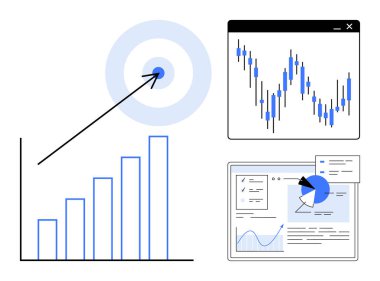 Çubuk çizelgesi, yükselen ok, şamdan grafiği, pasta grafiği ve analizi olan gösterge paneli. Analiz, iş büyümesi, KPI izleme, strateji, pazarlama içgörüleri için idealdir.