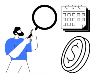 Takvim ve paranın yanında büyüteç tutan adam analizi, zaman yönetimini, kaynak planlamasını ve finansal karar vermeyi sembolize ediyor. İş, finans, zaman izleme ve yatırım için ideal