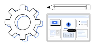 Vites, kalem ve çizelgeler, video ve aletlerle gösterge paneli. Teknoloji, iş akışı, verimlilik, mühendislik yazılım geliştirme tasarımı için ideal basit düz metafor