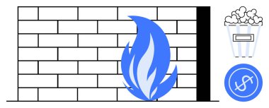Güvenlik duvarı ya da güvenliği temsil eden tuğla duvarın yanındaki alev, finansal risk ya da güvenliği simgeleyen dolar işareti ve boş zamanı sembolize eden patlamış mısır. Siber güvenlik, koruma ve teknoloji için ideal.