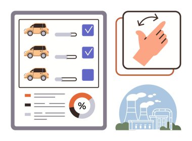 Araç karşılaştırma panelinde arabalar, sürgüler, seçim kutuları, el hareketi ve fabrika emisyonları var. Ulaşım, eko-farkındalık, sürdürülebilirlik, karar verme ortamı için ideal