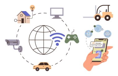 Akıllı ev, güvenlik kamerası, araba, monitör, oyun alanı, forklift ve akıllı telefonu birbirine bağlayan küresel ağ. Otomasyon için ideal, bağlantı için akıllı yaşam için uzak erişim IoT teknolojisi düz