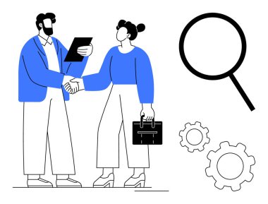 Profesyoneller el sıkışma, büyük büyüteç, vites. İşbirliği için ideal, takım çalışması, anlaşma, analiz, problem çözme, ortaklıklar basit iniş sayfası