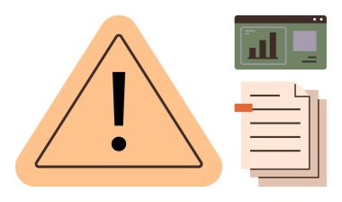 Ünlem işaretli sarı üçgen, istiflenmiş belgeler, ve veri ekranı renklendirme analizi, tehlikeler, ya da acil konular. Uyarı, güvenlik, rapor, veri risk iletişimi ve basit
