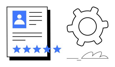 Bir vites simgesinin yanında beş yıldızlı bir aday profili gösteren belge. İşe alım, işe alım, kariyer geliştirme, performans değerlendirmesi, İK araçları, çalışan büyümesi için ideal