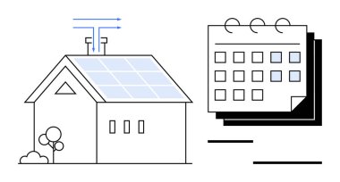 Ağaçları ve takvimi olan güneş enerjili ev yenilenebilir enerjiyi, çevre dostu yaşamı ve zaman yönetimini ön plana çıkarıyor. Sürdürülebilirlik, enerji, eko-planlama, gelecek ve yeşil girişimler için ideal