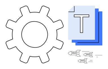 Geniş teçhizat, işletim ve verileri simgeleyen istiflenmiş belgeler, siber güvenlik risklerini ve altyapı savunmasızlıklarını gösteren DDOS saldırı simgeleri. Teknoloji, güvenlik ve altyapı için ideal
