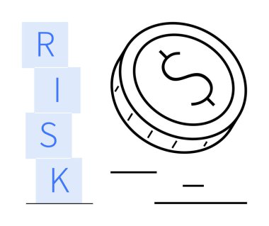 Yığılmış blokların yanında dolar işareti ve RISK yazılışı olan madeni para. Finans, yatırım, karar verme, belirsizlik, risk yönetimi, strateji, basit iniş sayfası için ideal