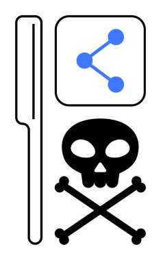 Kafatası ve çapraz kemikler, mavi paylaşım simgesi ve içerik korsanlığını, etik değerleri ve risk farkındalığını sembolize eden büyüteç. Teknoloji, güvenlik, hukuk, etik farkındalık eğitimi için ideal basit
