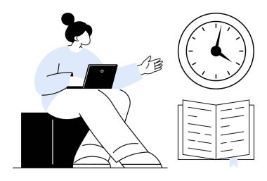 Dizüstü bilgisayar tutan ve saatin yanında el kol hareketi yapan bir kadın. Zaman yönetimi, verimlilik, öğrenim planlaması, planlama, çoklu görev, organizasyon ve eğitim temaları için idealdir. Basit düz