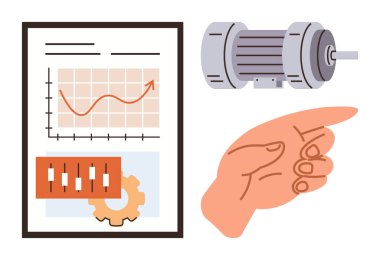 Çizelgenin yanındaki el ve motor yukarı doğru büyümeyi, kontrol paneli kaydırıcılarını ve vitesi gösteriyor. Yenilik, mekanik, imalat, teknoloji, ilerleme, mühendislik süreçleri için ideal basit düz metafor