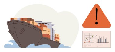 Çoklu konteynır taşıyan kargo gemisi, uyarı üçgeni ve veri eğilimli çubuk grafiği. Lojistik, ticaret, tedarik zinciri, risk yönetimi, iş büyümesi, küresel ticaret için idealdir. Basit.