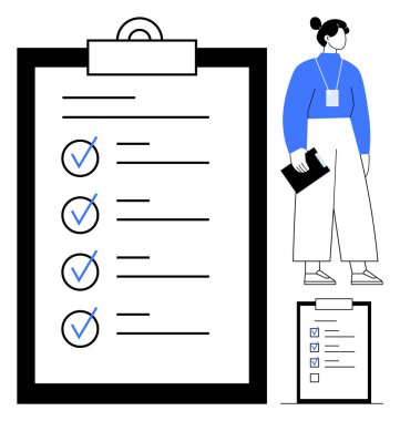 Pano tutan ve işaretli listeli dev bir panonun yanında rozet takan kadın figürü. Organizasyon, görev yönetimi, üretkenlik, takım çalışması, planlama, hedef belirleme için ideal