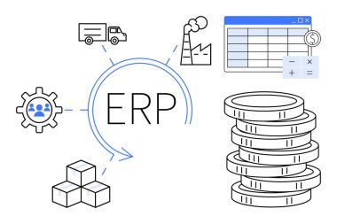 ERP tedarik zinciri, üretim, lojistik, finans, çalışanlar ve veri analizi. İş için ideal, otomasyon, kaynak planlaması işletim stratejisi maliyet yönetimi basit bir daire