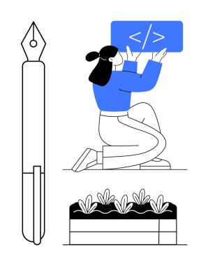 Programlama sembolü taşıyan bir kadın, yaratıcılığı temsil eden bir kalem simgesi, genç bitkilerle dolu bir bahçe yatağı. Kodlama, bahçıvanlık, eğitim, yaratıcılık, teknoloji, kişisel gelişim için ideal