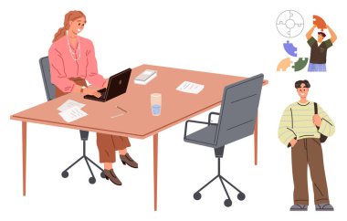 Elinde kağıtlar, kitaplar ve su bardağıyla dizüstü bilgisayarda yazan bir kadın. Sıradan bir genç bireyi ve takım çalışmasını sembolize eden bulmaca parçalarını da içeriyor. Takım çalışması, ofis işi ve verimlilik için ideal.