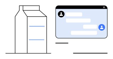 Süt kutusu çizimi avatarlı ve metin baloncuklu bir sohbet penceresinin yanında. Dijital iletişim, ürün kalitesi, markalaşma, mesajlaşma, e-ticaret, minimalizm, basit iniş sayfası için ideal
