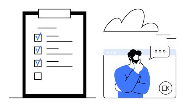 Online toplantı ekranının yanında işaretli kutular bulunan görev listesi düşünceli katılımcı içeriyor. İş akışı yönetimi, görev örgütü, uzaktan işbirliği, sanal toplantılar, verimlilik için ideal