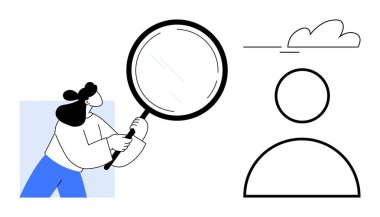 Büyüteci olan kadın minimalist insan profilini ve bulutlarını keşfediyor. Araştırma, odaklanma, keşif, adam toplama, analiz, teftiş, kavramları anlamak için idealdir. Modern basit düz metafor