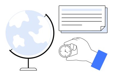 Kürsüde bir dünya, elinde bir kronometre ve küresel zamanı, organizasyonu ve görev önceliklerini vurgulayan bir belge. Zaman, eğitim, seyahat ve strateji için ideal küresel projeler