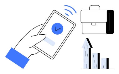 El ele tutuşan akıllı telefon işaretli, sinyal gönderiyor. Evrak çantası ve çubuk grafiği büyümeyi ve başarıyı vurguluyor. Ticari büyüme, üretkenlik, teknoloji, finans, hedef belirleme cep telefonu için ideal