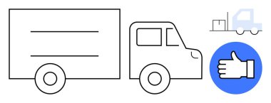 Teslimat kamyonu taslağı, bir paleti hareket ettiren forklift ve maviler içinde başparmak kaldırma simgesi. Teslimat, lojistik, nakliye, e-ticaret, depo yönetimi, müşteri memnuniyeti ve basit iniş sayfası için ideal