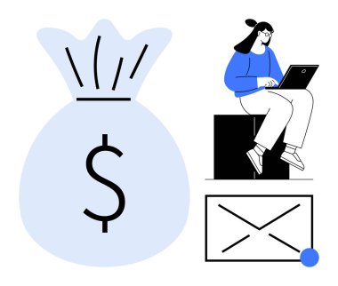 Dizüstü bilgisayar kullanan bir kadın, büyük bir para çantası ve e-posta arayüzünün yanında online mali yönetimi sembolize ediyor. Finans, çevrimiçi bankacılık, yatırım, bütçe, dijital iletişim ve uzaktan kumanda için ideal