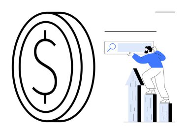 Büyük paralar ve arama çubuğu kullanan kişi yukarı doğru tırmanırken bir çubuk grafiği şekillendirir. Finans, büyüme, arama stratejisi, yatırım, başarı, çevrimiçi eğilimler için ideal, basit düz