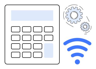 Büyük düğmeli hesap makinesi, birbirine bağlı iki dişli ikonu ve kablosuz sinyal ikonu. Teknoloji, yenilik, iş stratejisi, otomasyon, bağlantı, dijital araçlar için ideal
