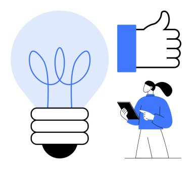 Yapraklı ampul, baş parmak işareti ve tablet kullanan kadın sürdürülebilirlik, yaratıcılık, onay, büyüme, takım çalışması, karar verme mekanizması ve basit bir iniş sayfası.