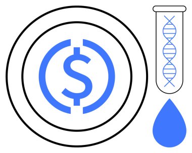 Çemberde dolar işareti, test tüpünde DNA sarmalı ve damlacık. Temalar için idealdir biyoteknoloji, sağlık finansmanı, araştırma, yenilik, yatırım genetiği sürdürülebilirliği. Basit düz